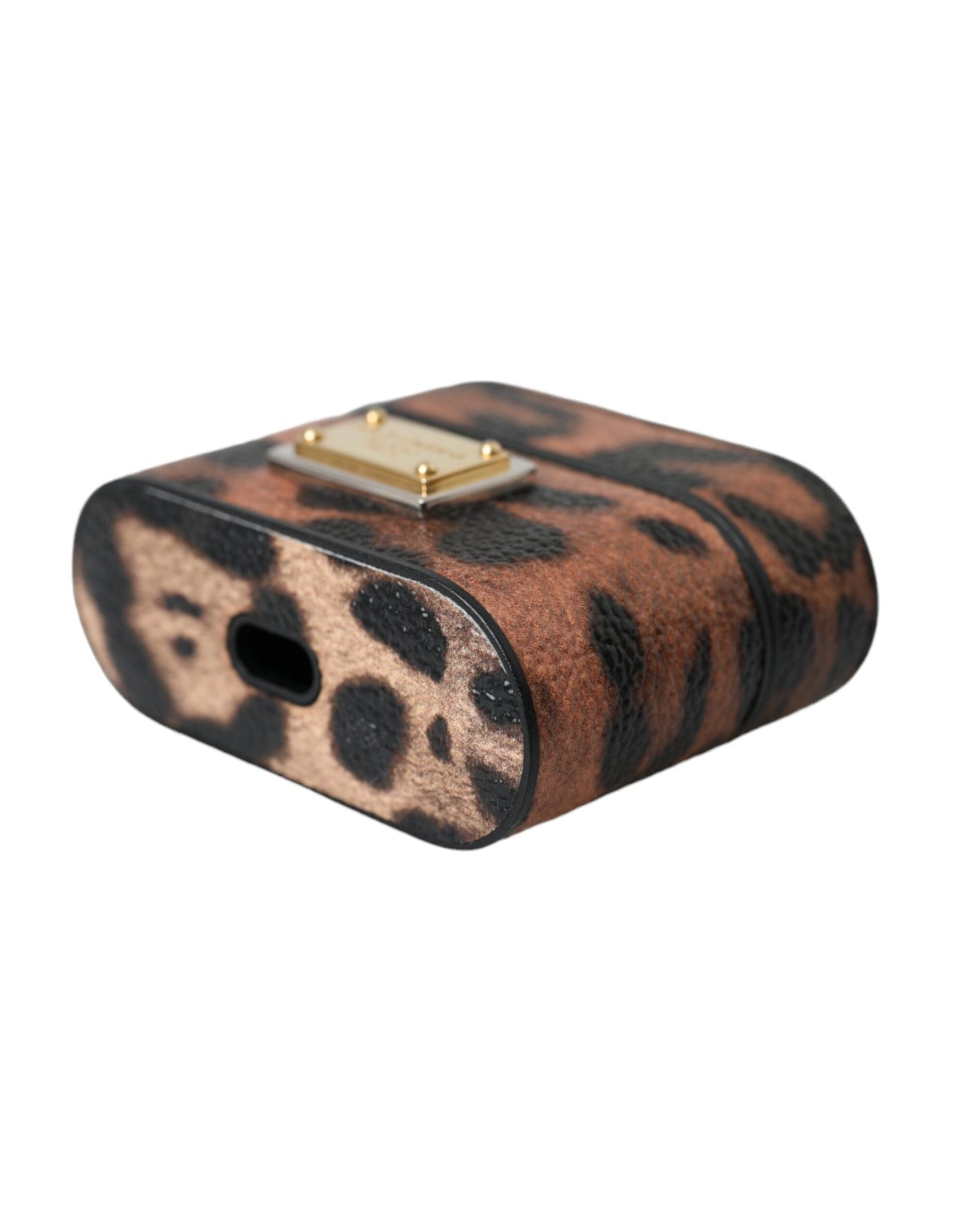 Dolce & Gabbana Brown Leopard Calf Leather Logo Plaque Airpods Case - KALAJ