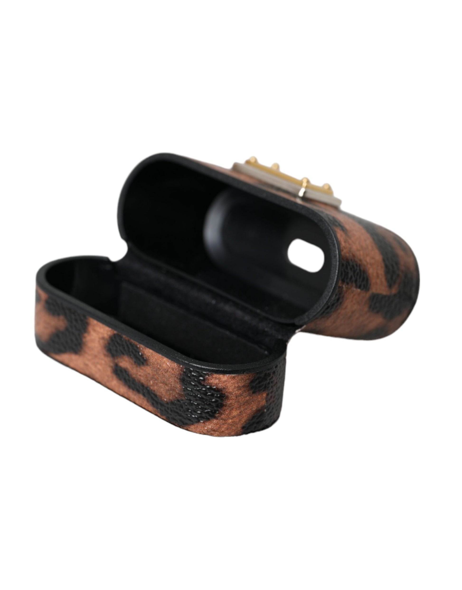 Dolce & Gabbana Brown Leopard Calf Leather Logo Plaque Airpods Case - KALAJ