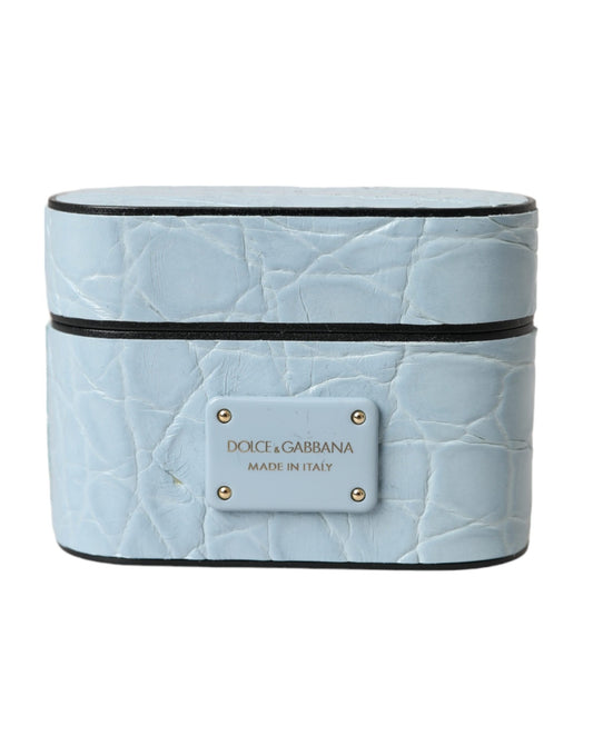 Dolce & Gabbana Light Blue Leather Metal Logo Plaque Airpods Case - KALAJ