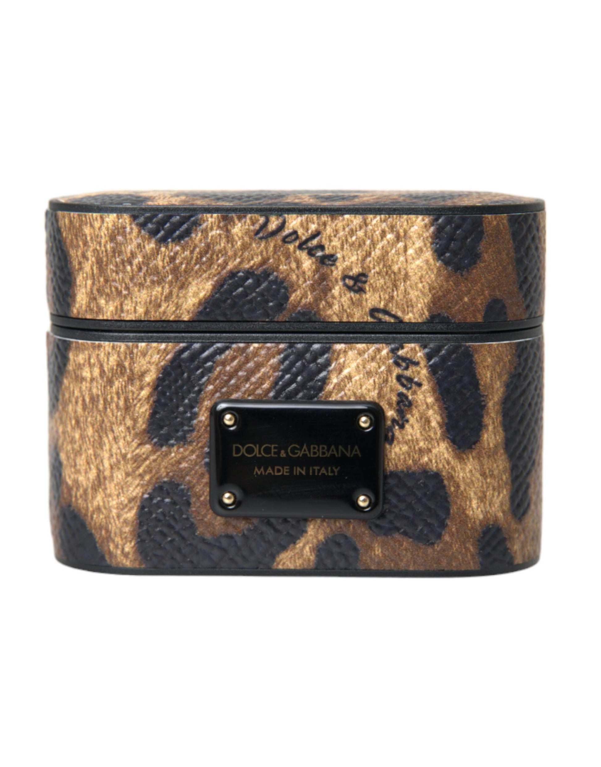 Dolce & Gabbana Brown Leopard Calf Leather Metal Logo Plaque Airpods Case - KALAJ