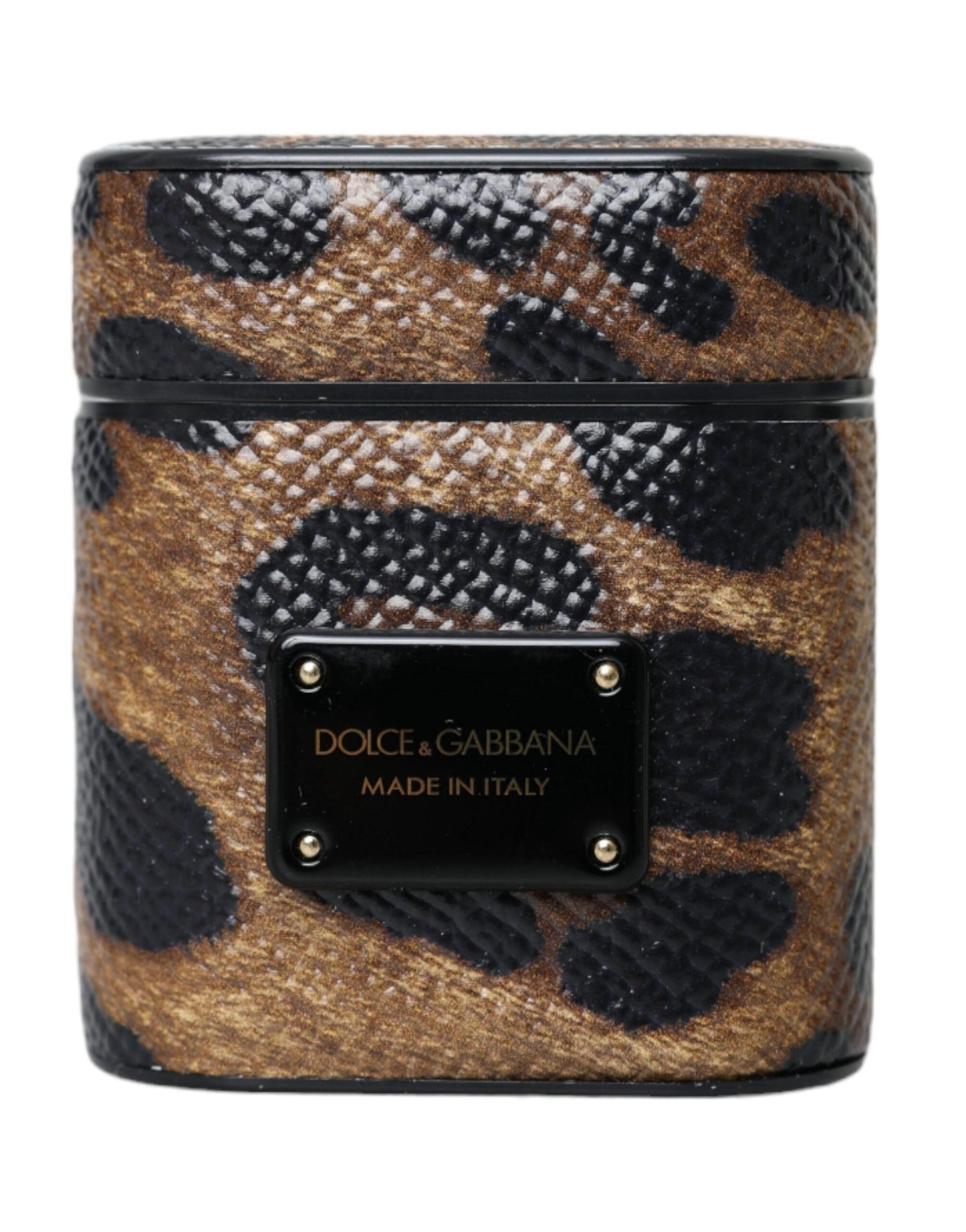 Dolce & Gabbana Brown Leopard Calf Leather Metal Logo Plaque Airpods Case - KALAJ