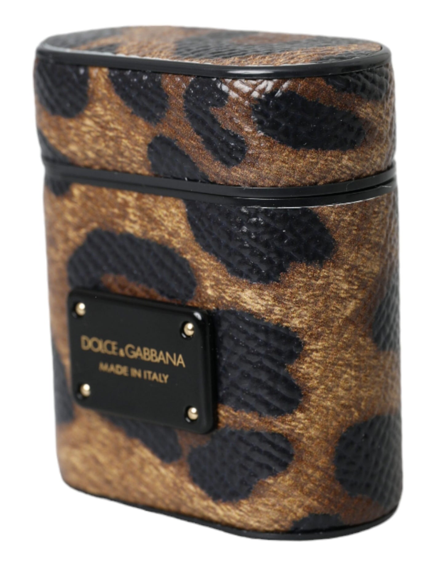 Dolce & Gabbana Brown Leopard Calf Leather Metal Logo Plaque Airpods Case - KALAJ