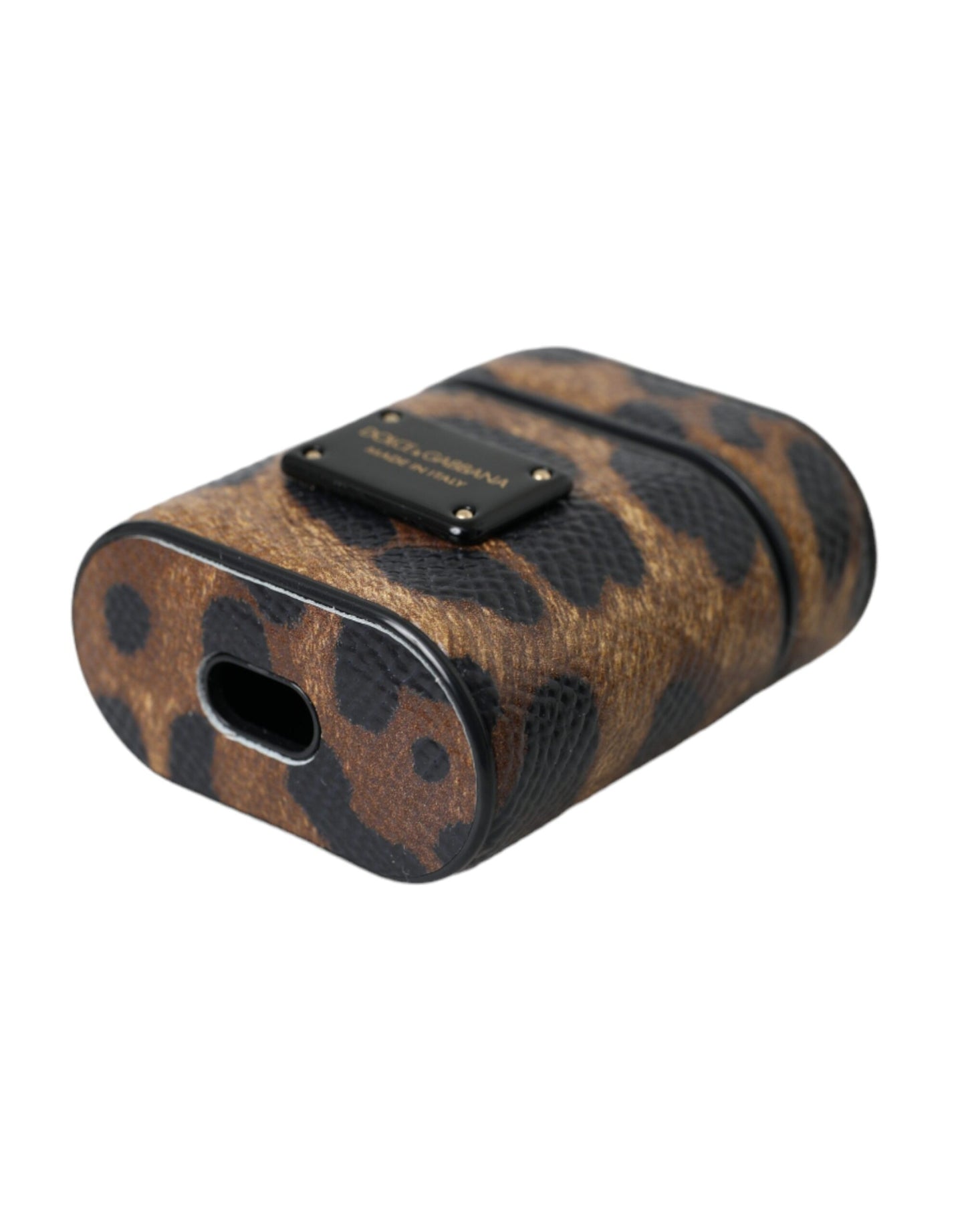 Dolce & Gabbana Brown Leopard Calf Leather Metal Logo Plaque Airpods Case - KALAJ