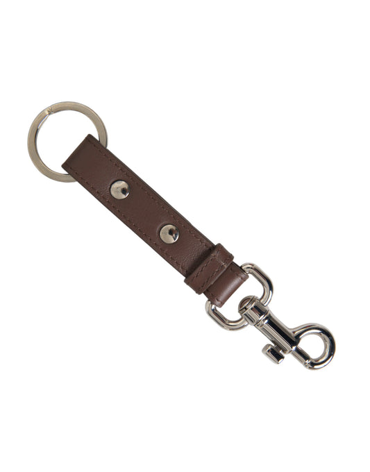 Dolce & Gabbana Brown Plain Leather Silver Brass Keyring Holder Keychain - KALAJ