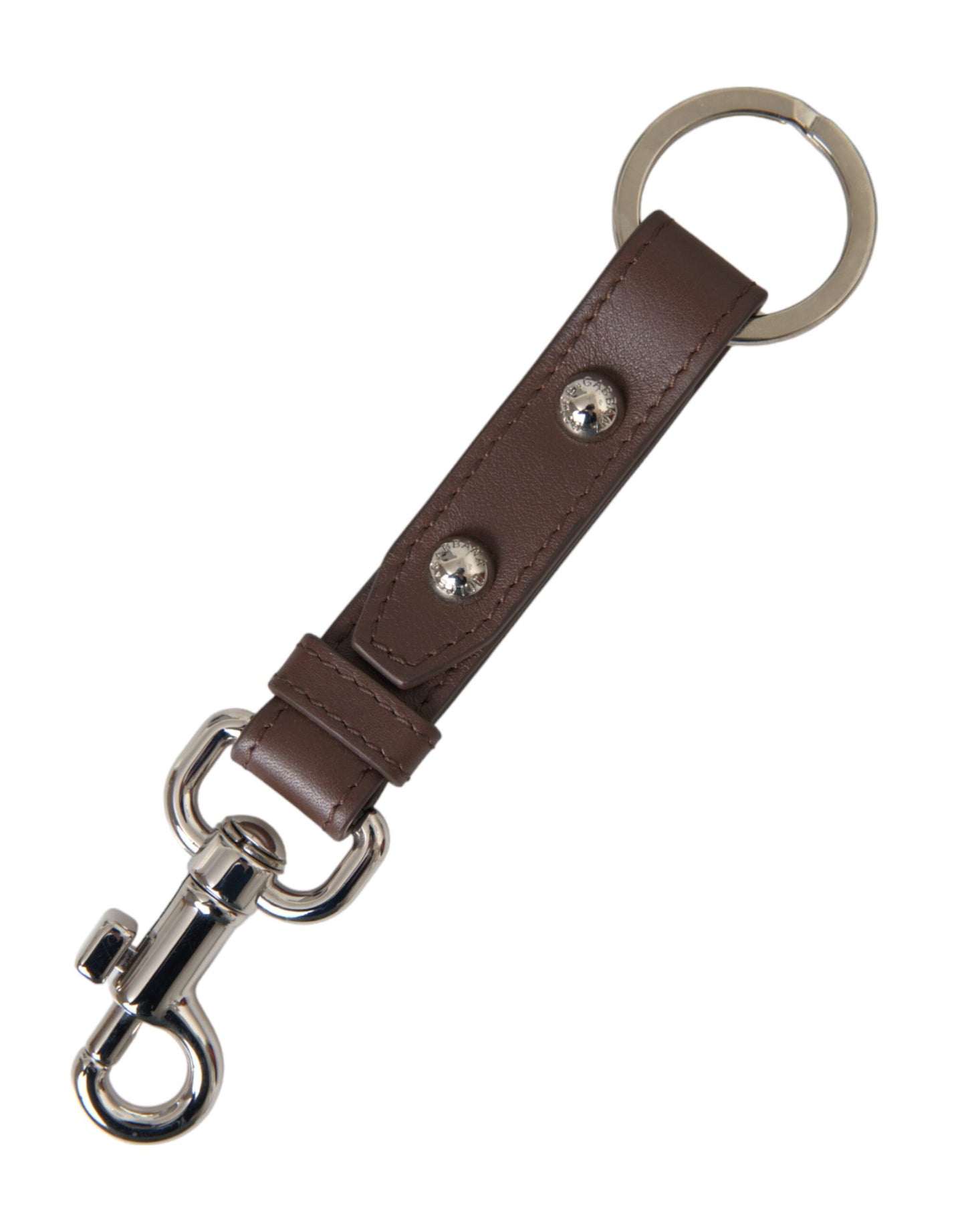 Dolce & Gabbana Brown Plain Leather Silver Brass Keyring Holder Keychain - KALAJ