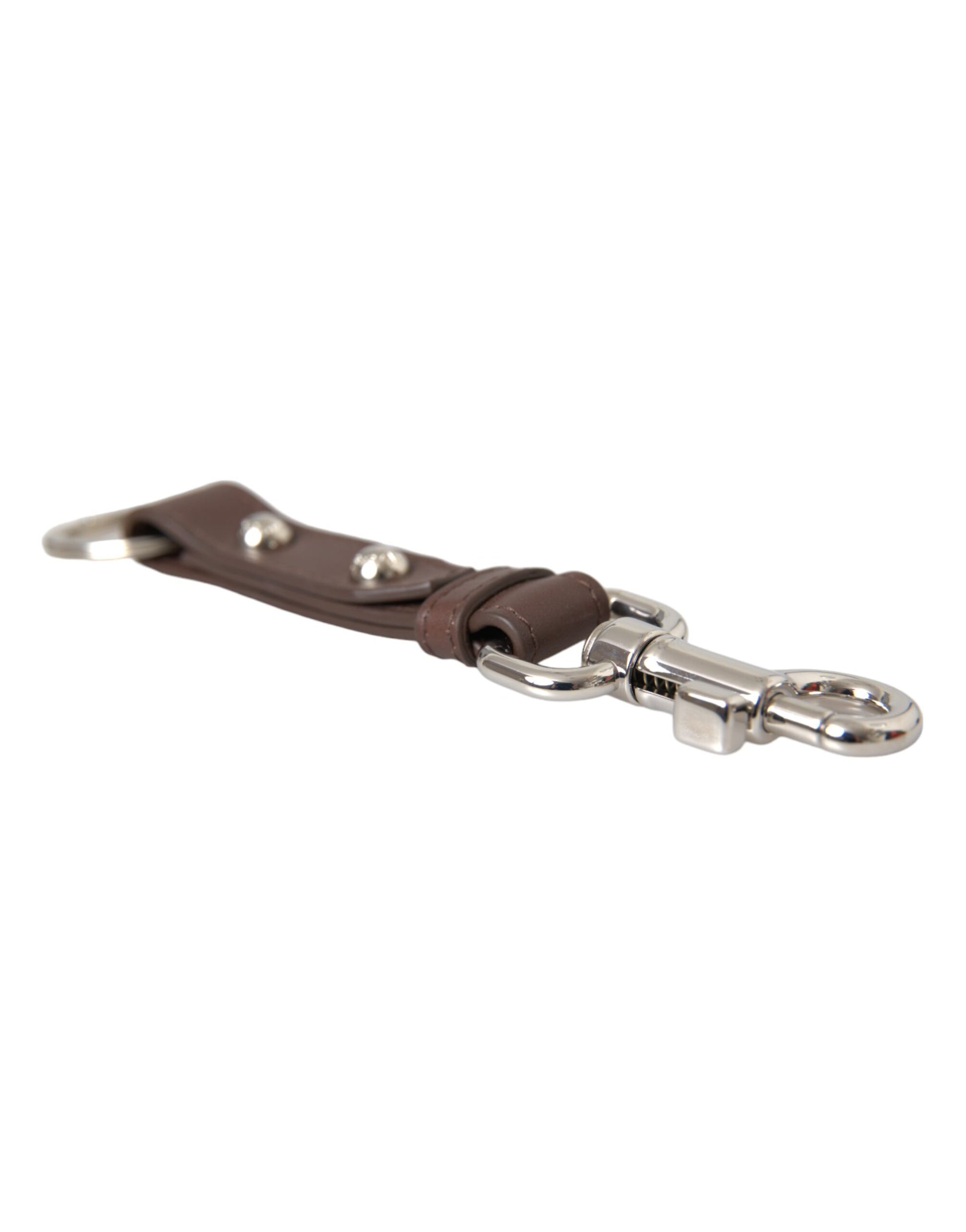 Dolce & Gabbana Brown Plain Leather Silver Brass Keyring Holder Keychain - KALAJ