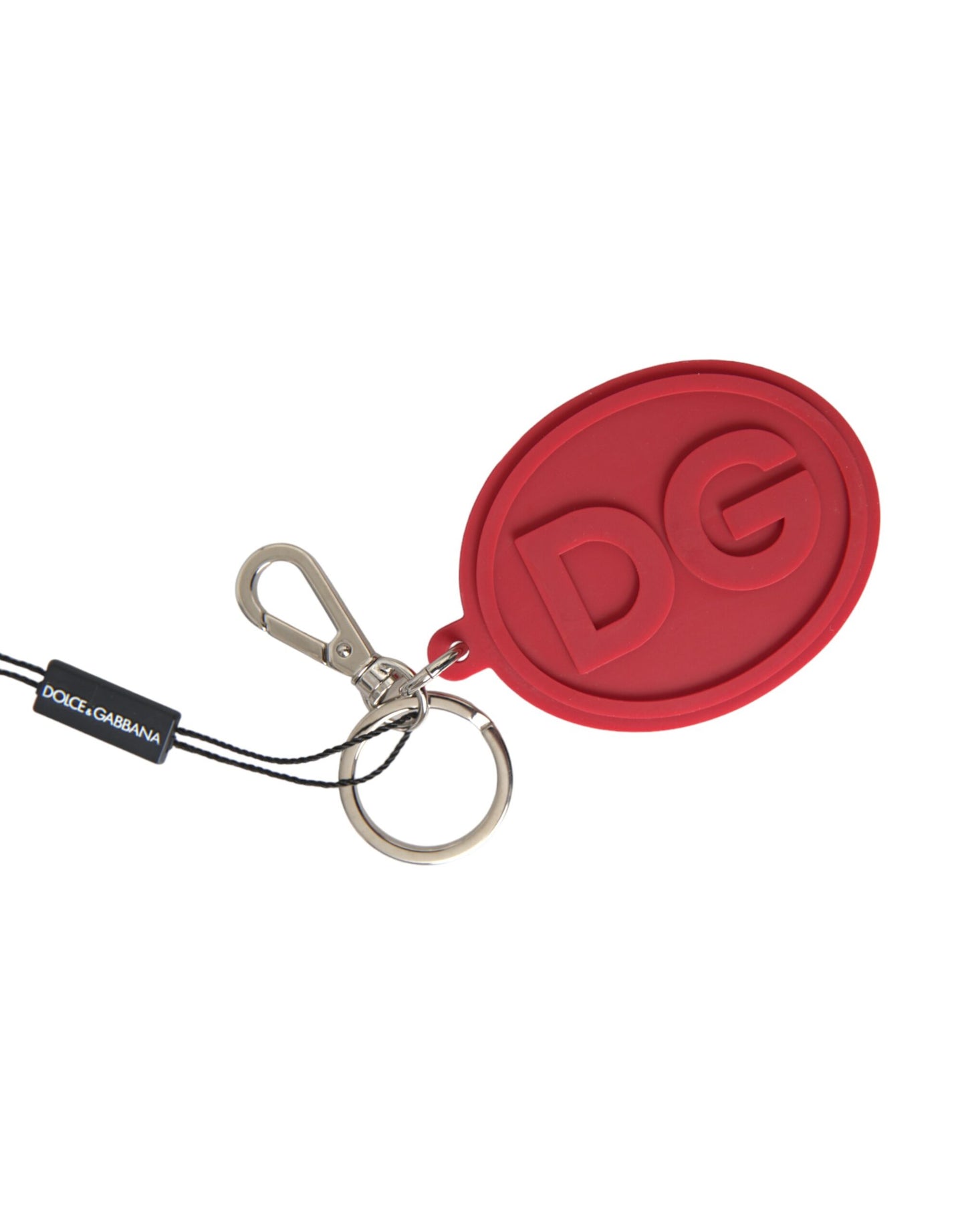 Dolce & Gabbana Red Rubber DG Logo Silver Brass Metal Keyring Keychain - KALAJ