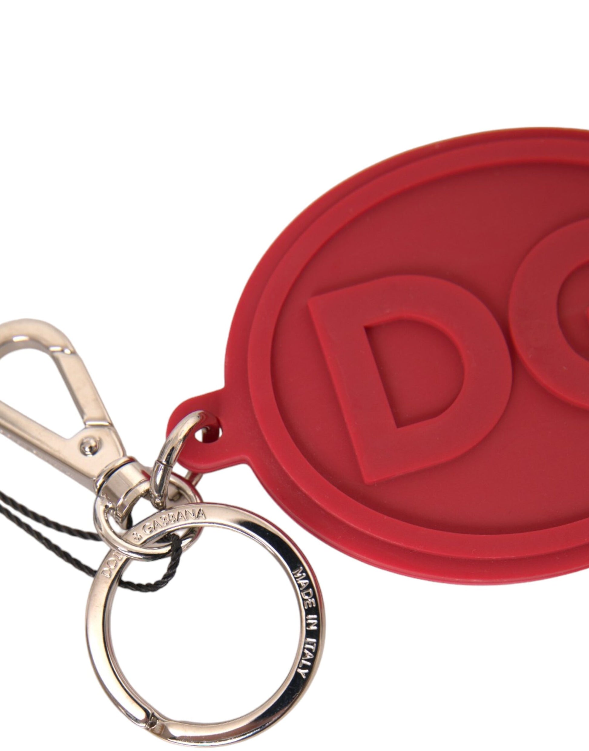 Dolce & Gabbana Red Rubber DG Logo Silver Brass Metal Keyring Keychain - KALAJ