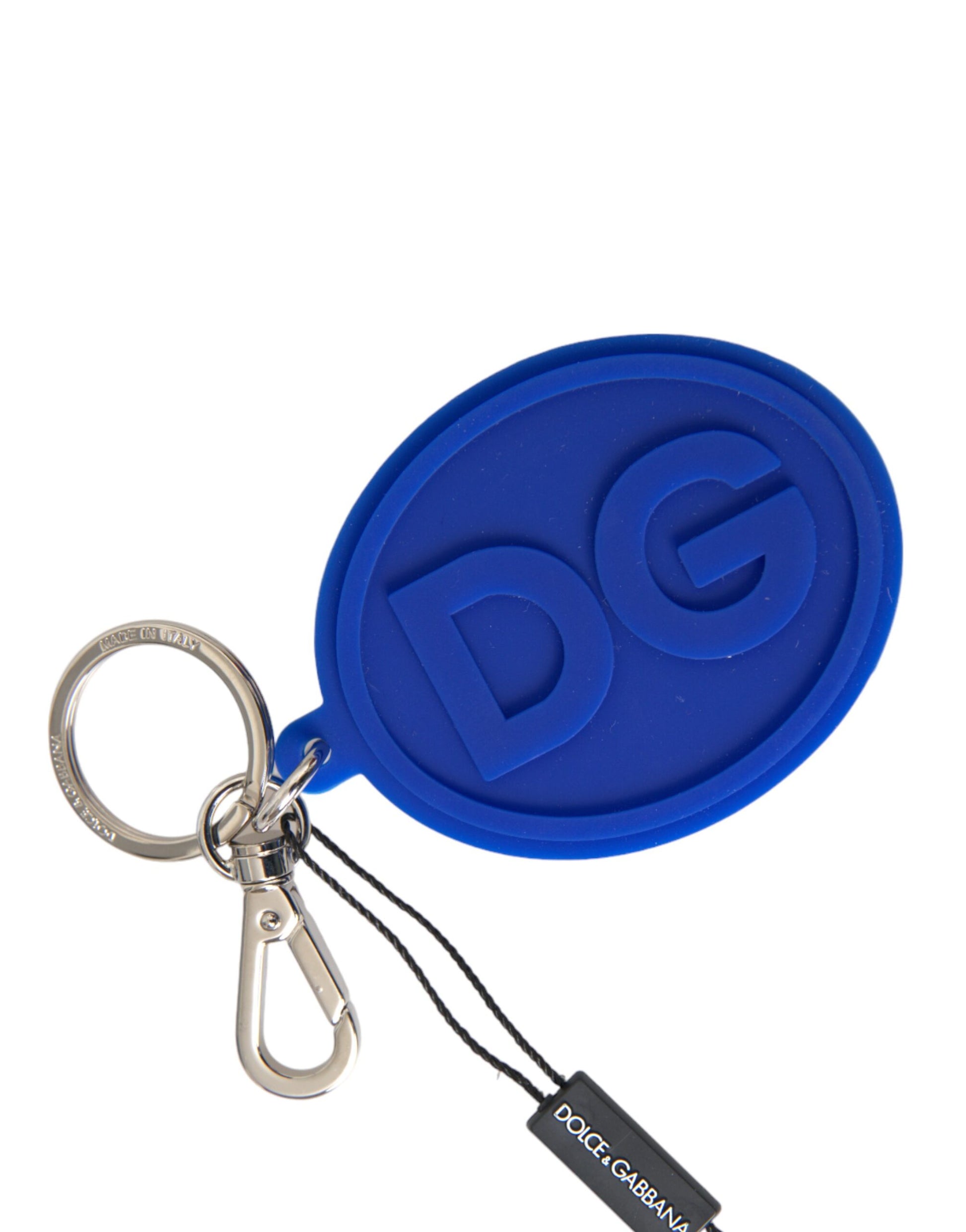 Dolce & Gabbana Blue Rubber DG Logo Silver Brass Metal Keyring Keychain - KALAJ