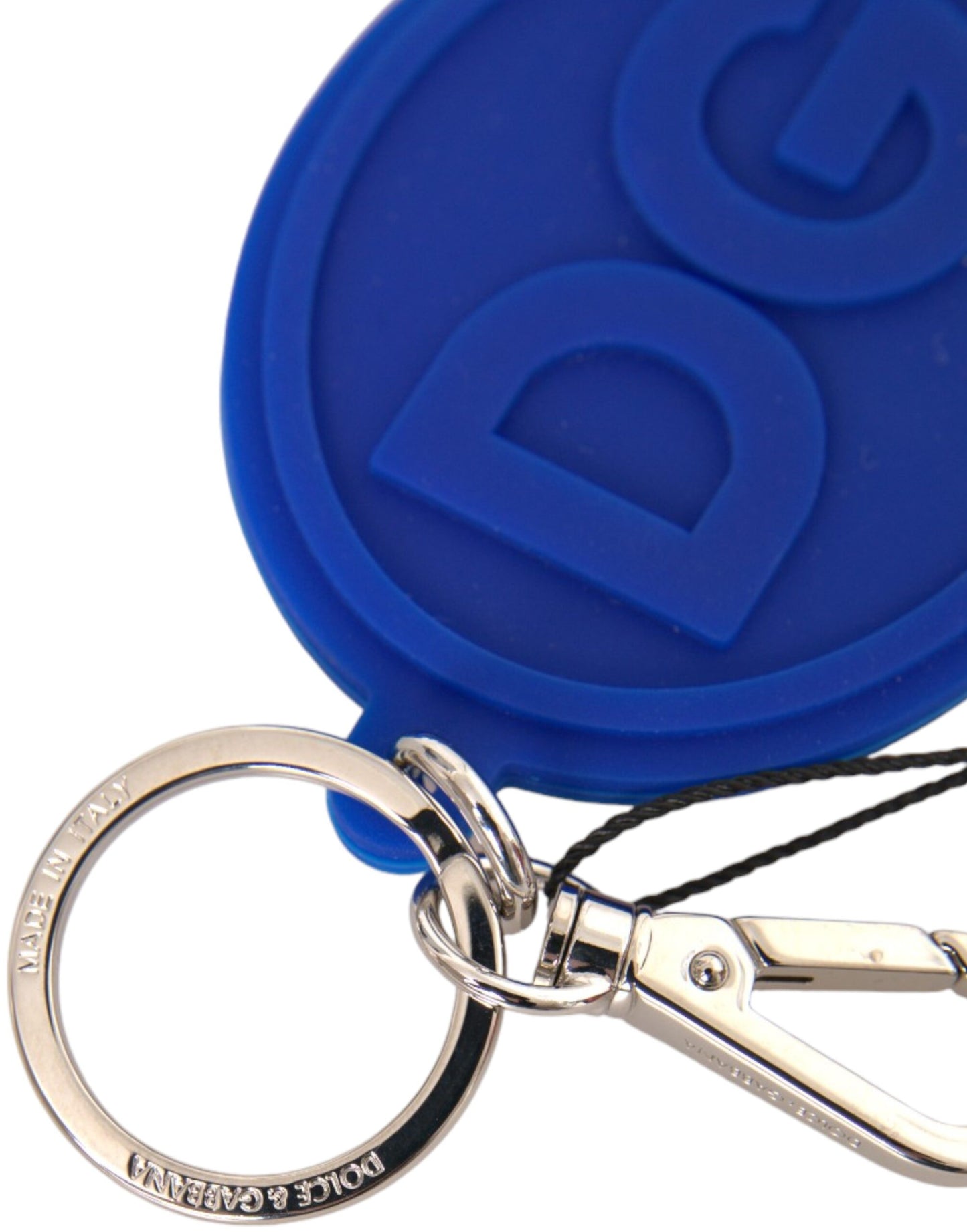 Dolce & Gabbana Blue Rubber DG Logo Silver Brass Metal Keyring Keychain - KALAJ