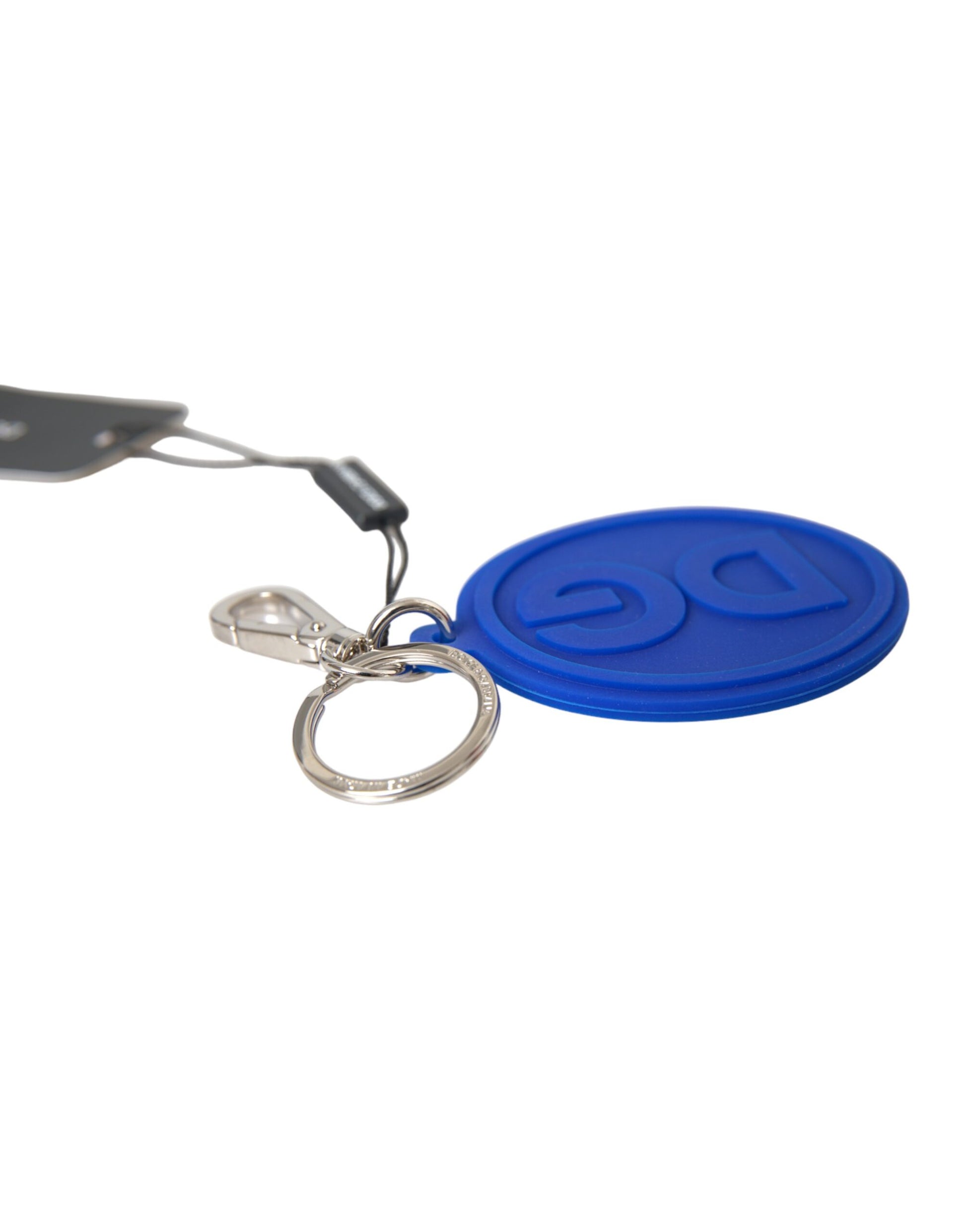 Dolce & Gabbana Blue Rubber DG Logo Silver Brass Metal Keyring Keychain - KALAJ