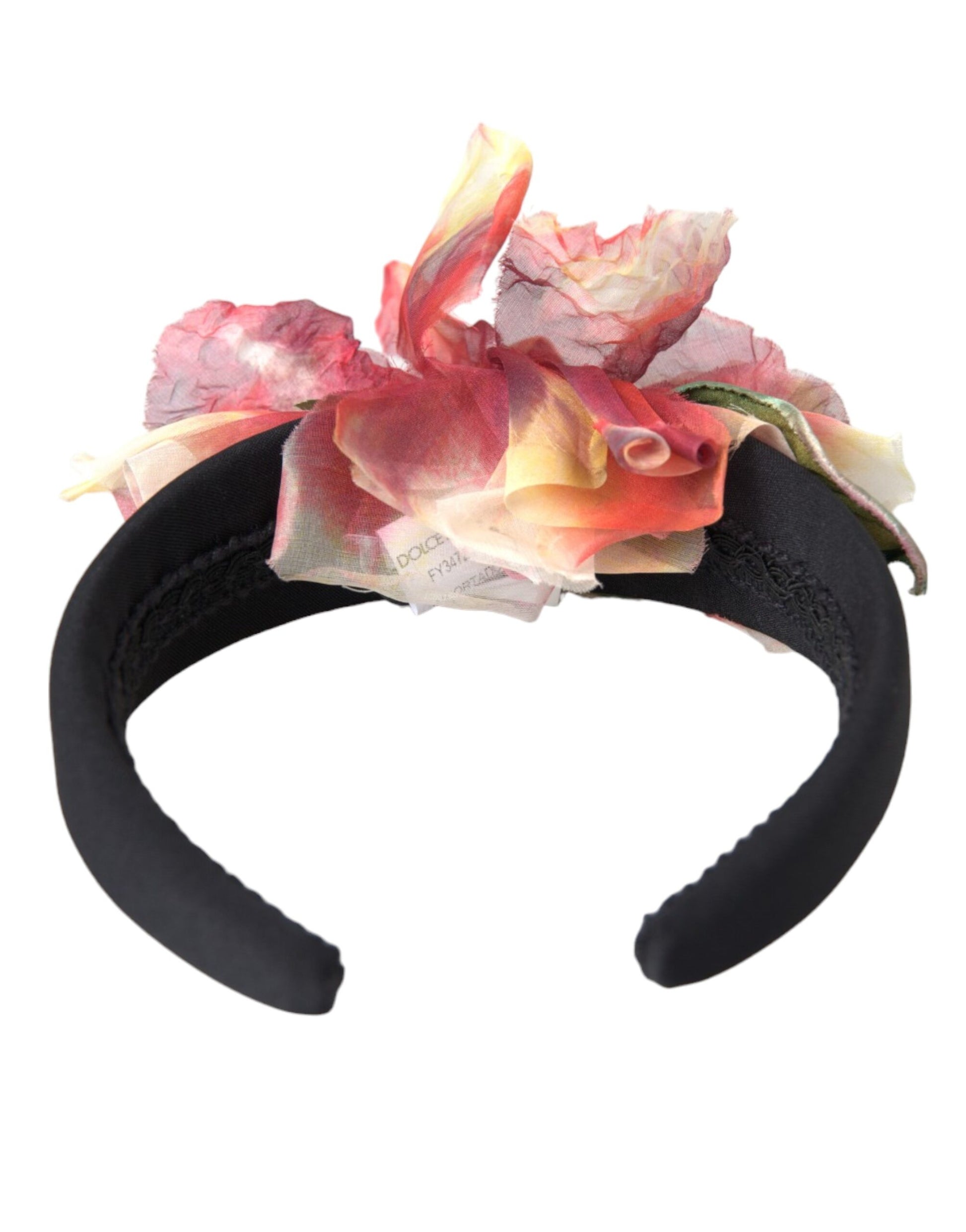 Dolce & Gabbana Rose Pink Silk Floral Black Tiara Women Hairband Diadem - KALAJ