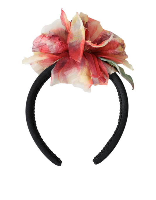 Dolce & Gabbana Rose Pink Silk Floral Black Tiara Women Hairband Diadem - KALAJ