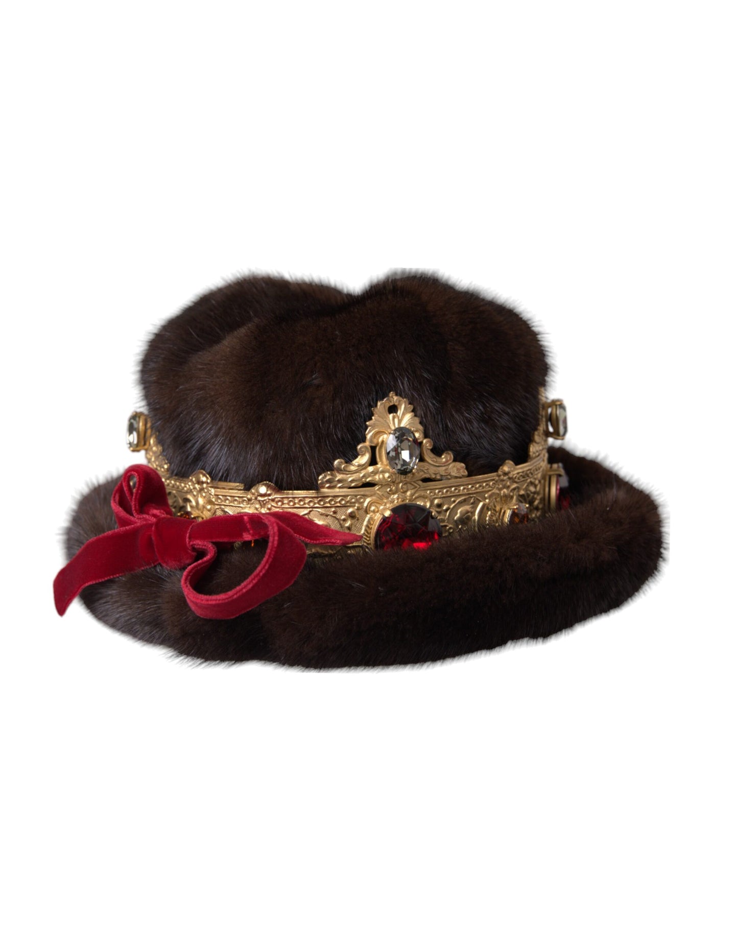 Dolce & Gabbana Dark Brown Mink Fur Gold Crystal Crown Hat - KALAJ