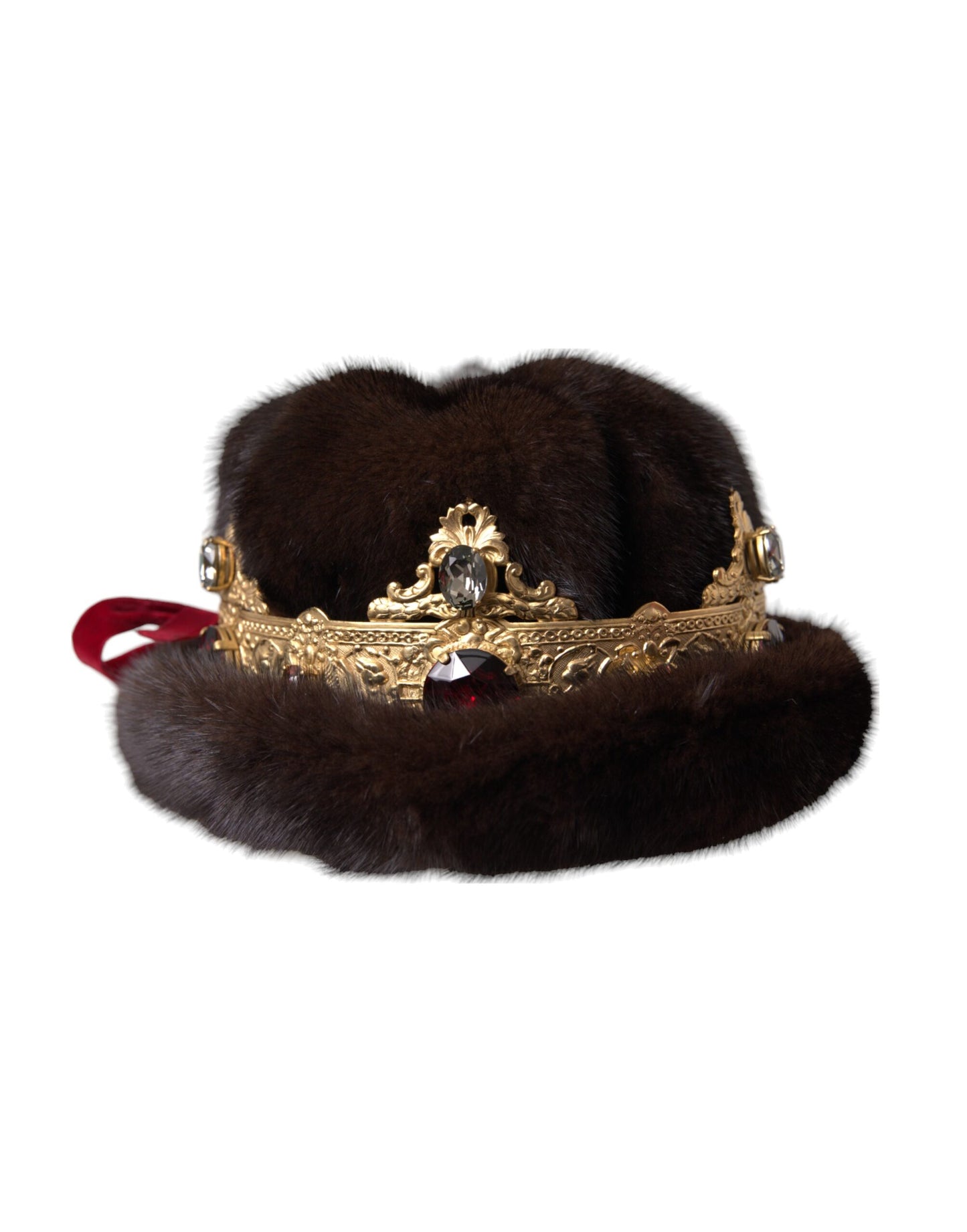 Dolce & Gabbana Dark Brown Mink Fur Gold Crystal Crown Hat - KALAJ