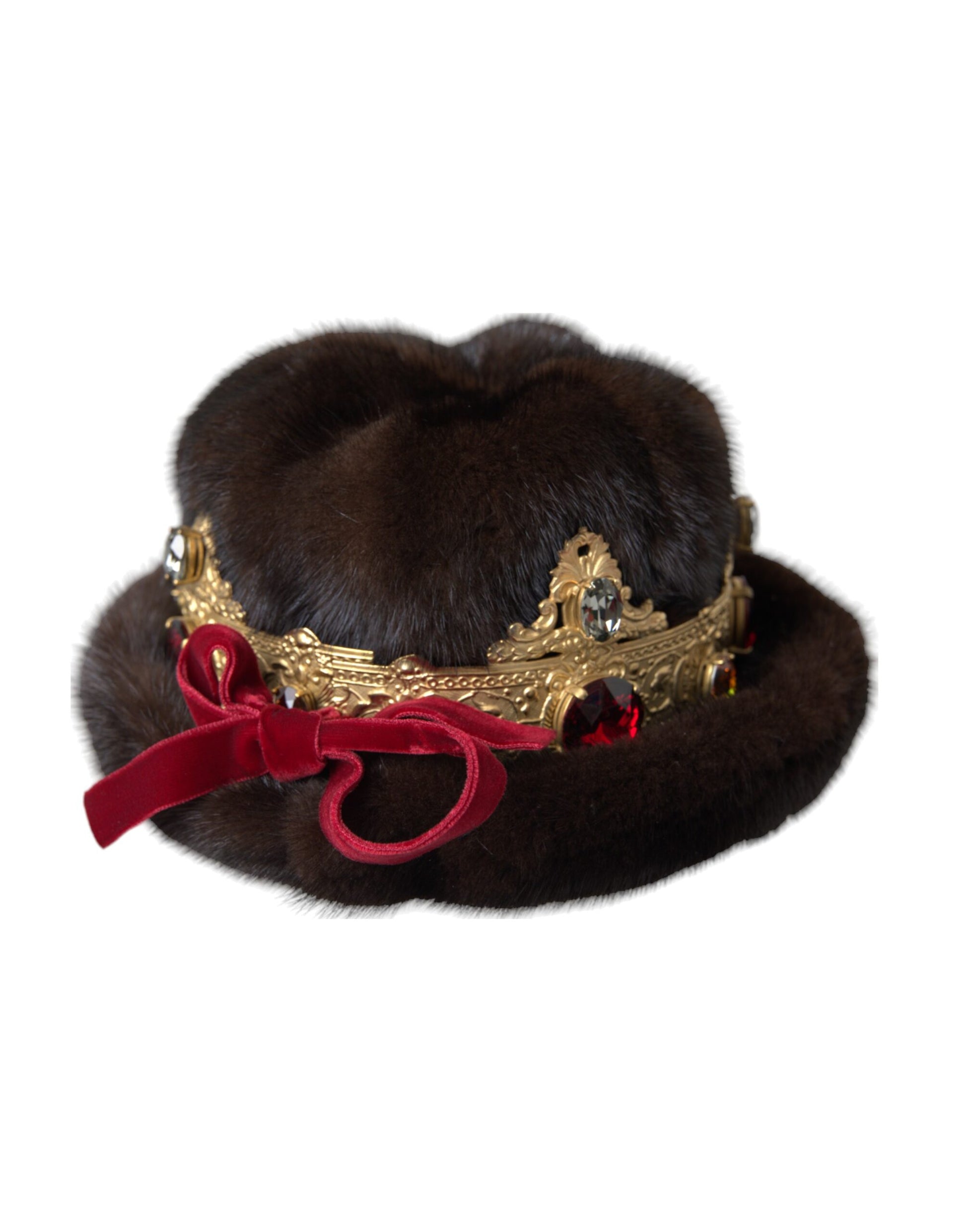 Dolce & Gabbana Dark Brown Mink Fur Gold Crystal Crown Hat - KALAJ