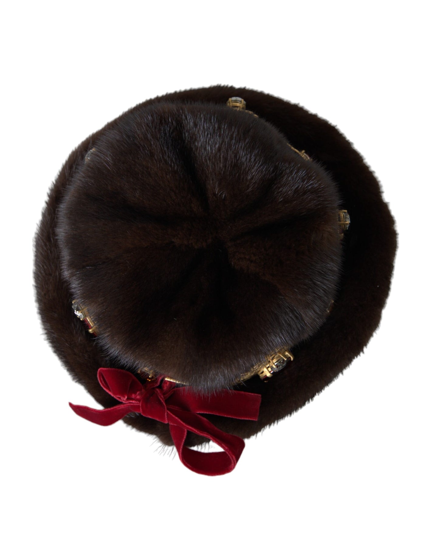 Dolce & Gabbana Dark Brown Mink Fur Gold Crystal Crown Hat - KALAJ