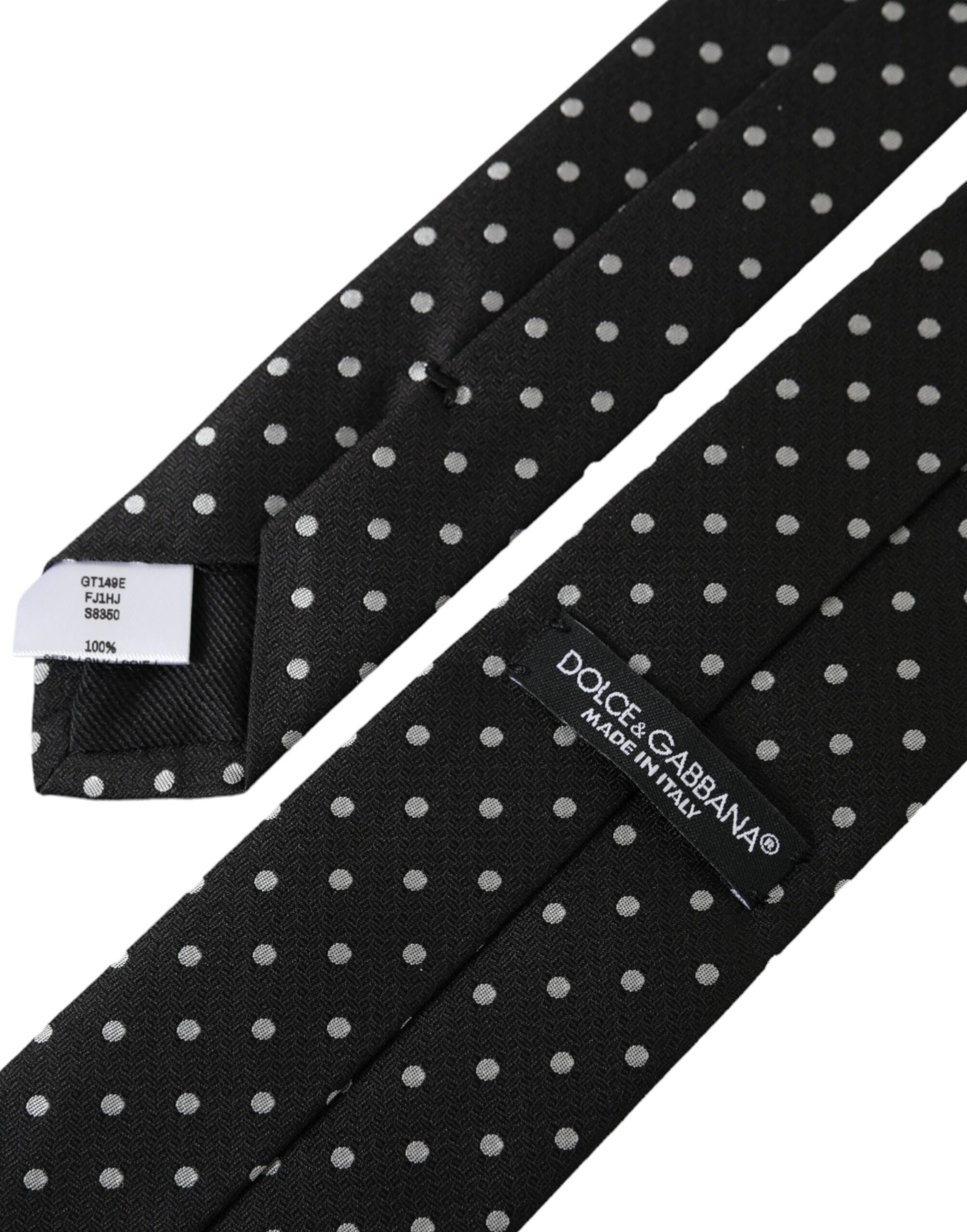 Dolce & Gabbana Black White Polka Dots 100% Silk Necktie Face Mask - KALAJ