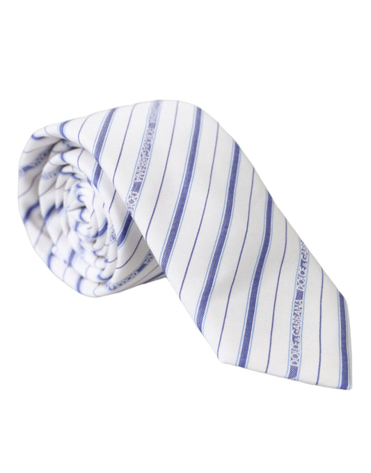 Dolce & Gabbana White Blue Stripes Silk Adjustable Tie - KALAJ