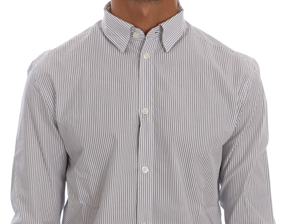 Frankie Morello Elegant White & Blue Striped Casual Shirt