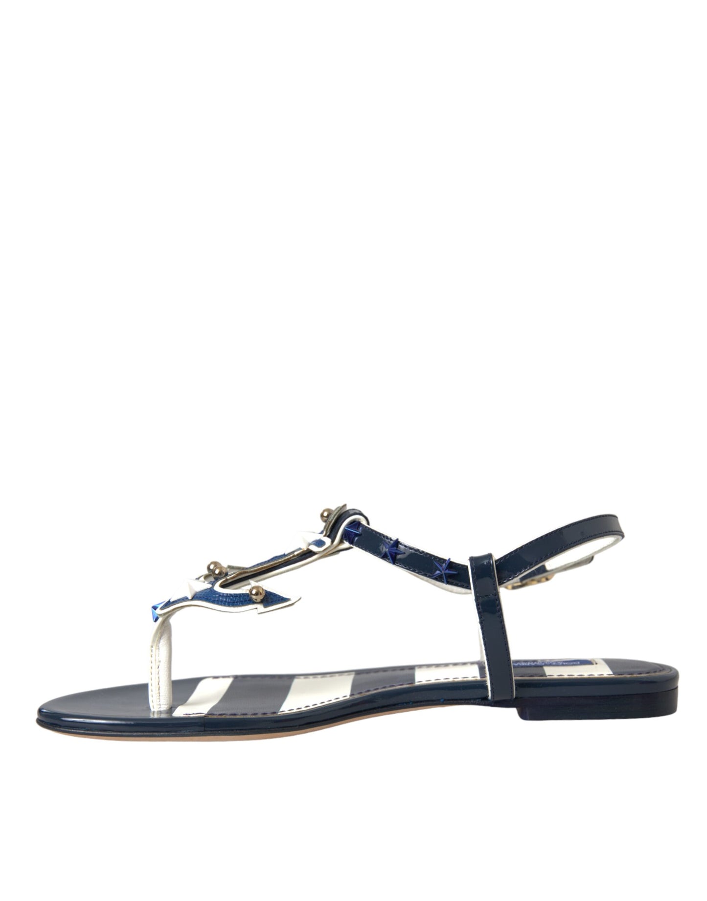 Dolce & Gabbana Blue Stripes Leather Studded Flats Sandals Shoes