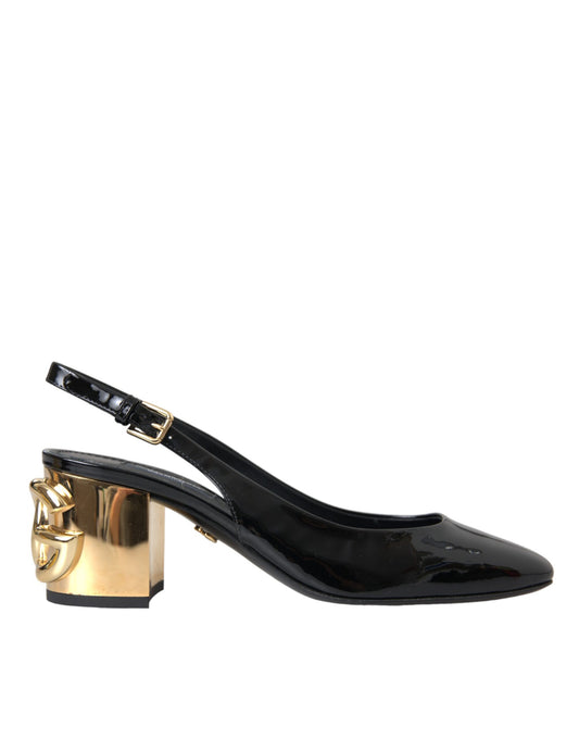 Dolce & Gabbana Black Gold Leather Embellished Slingbacks Shoes