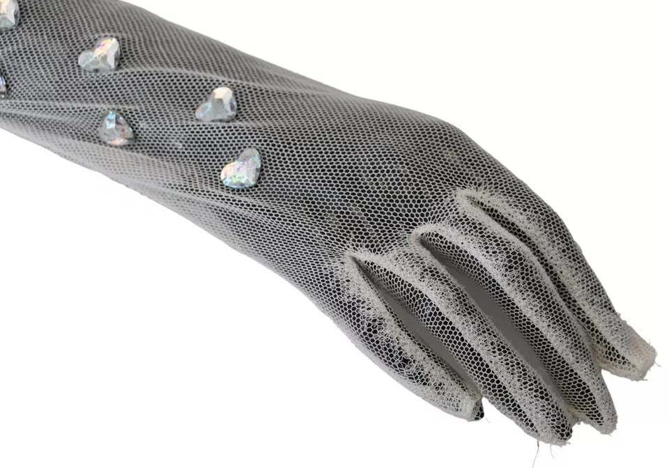 Dolce & Gabbana White Crystal Elbow Length Cotton Tulle Gloves - KALAJ