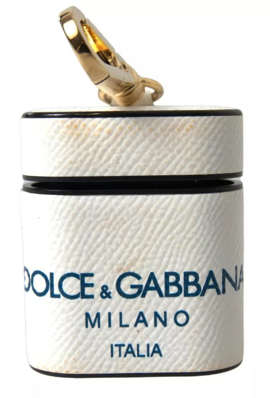 Dolce & Gabbana White Blue Calf Leather Logo Print Strap Airpods Case - KALAJ