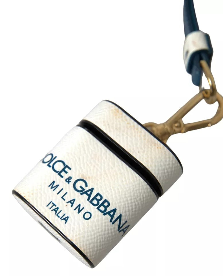 Dolce & Gabbana White Blue Calf Leather Logo Print Strap Airpods Case - KALAJ