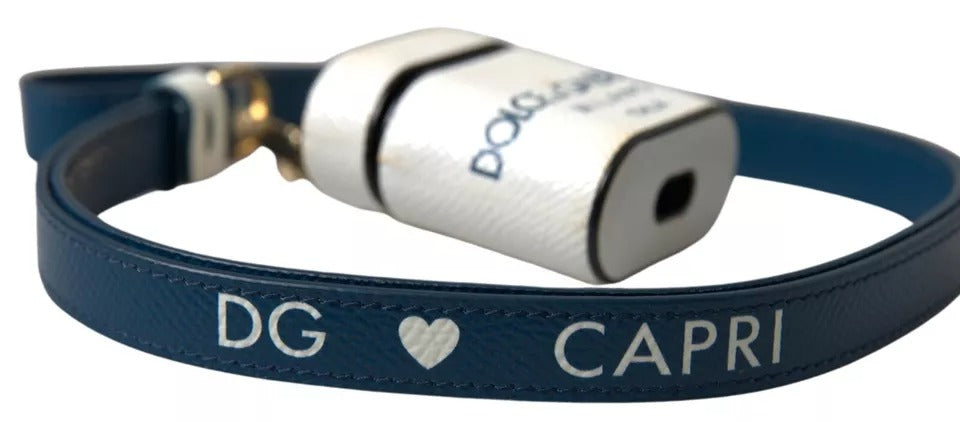 Dolce & Gabbana White Blue Calf Leather Logo Print Strap Airpods Case - KALAJ