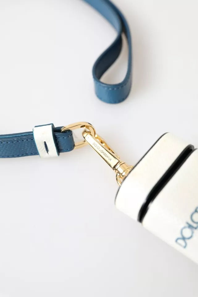 Dolce & Gabbana White Blue Calf Leather Logo Print Strap Airpods Case - KALAJ