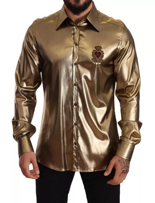 Dolce & Gabbana Metallic Gold DG Embroidered Crown Silk Top Shirt