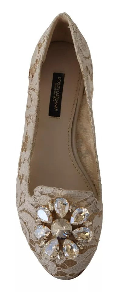 Dolce & Gabbana Beige Lace Crystal Ballet Flats Loafers Shoes