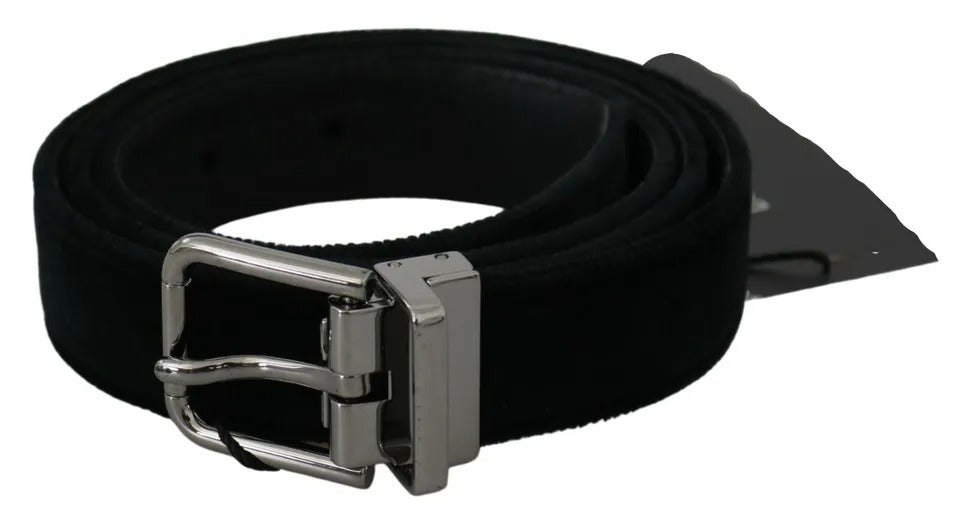 Dolce & Gabbana Black Velvet Leather Silver Buckle Belt - KALAJ