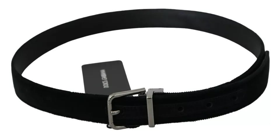 Dolce & Gabbana Black Velvet Leather Silver Buckle Belt - KALAJ