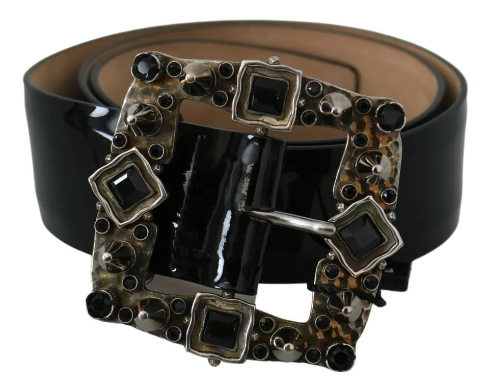 Dolce & Gabbana Black Shiny Leather Crystal Logo Buckle Belt - KALAJ