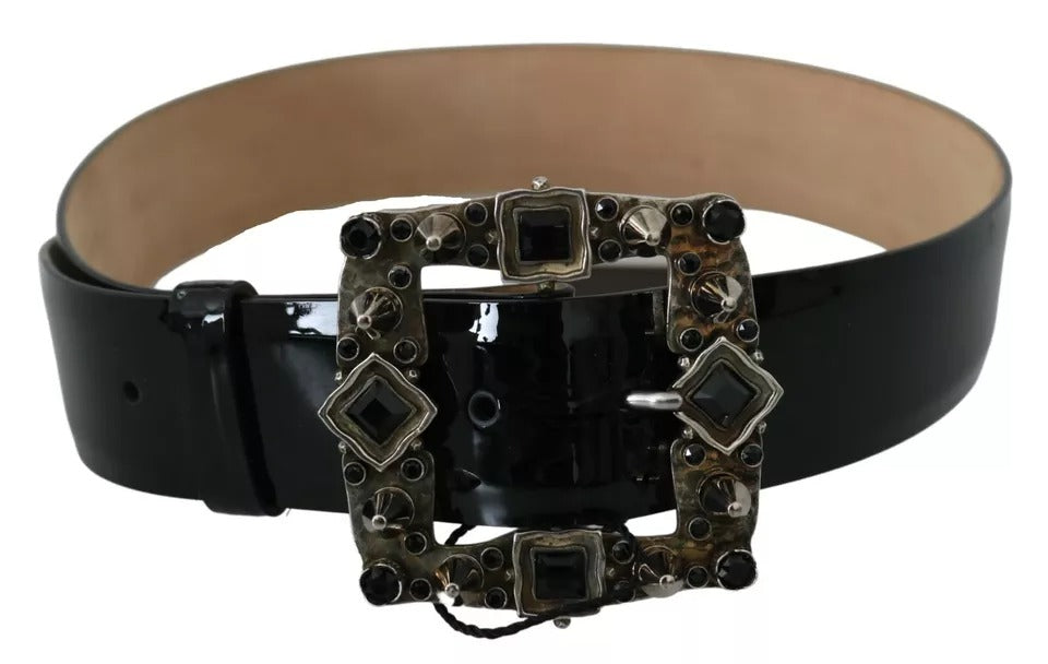 Dolce & Gabbana Black Shiny Leather Crystal Logo Buckle Belt - KALAJ