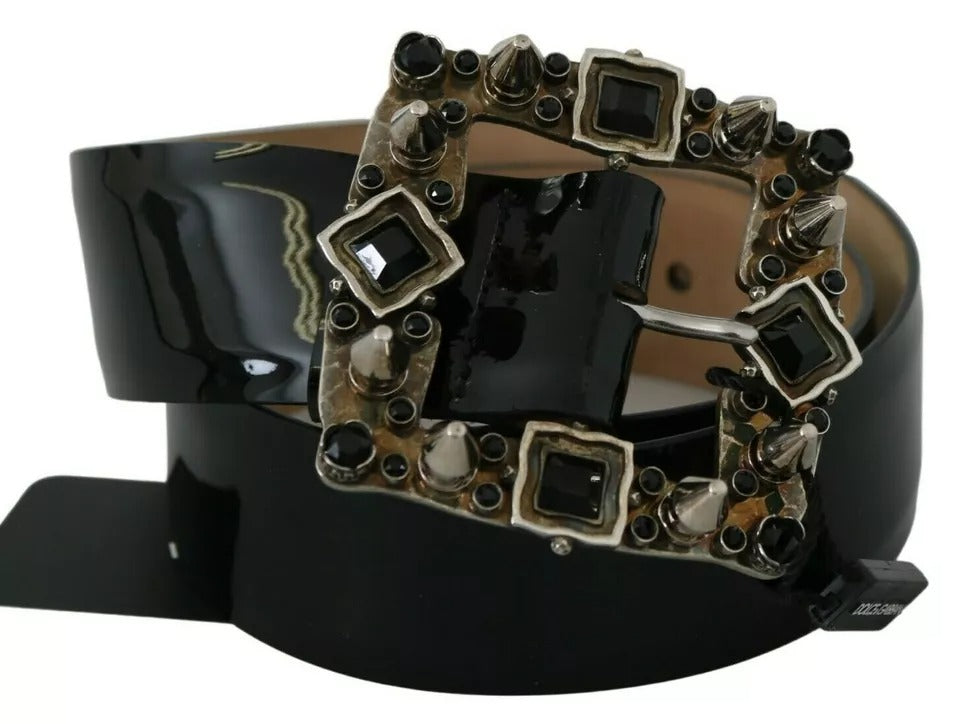 Dolce & Gabbana Black Shiny Leather Crystal Logo Buckle Belt - KALAJ