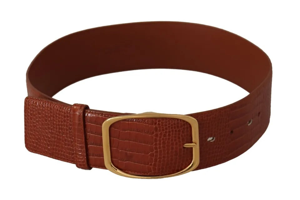 Dolce & Gabbana Brown Wide Waist Design Leather Gold Metal Buckle Belt - KALAJ