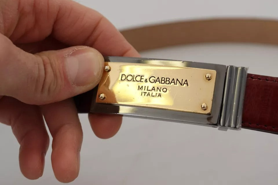 Dolce & Gabbana Brown Leather Gold Engraved Metal Buckle Belt - KALAJ