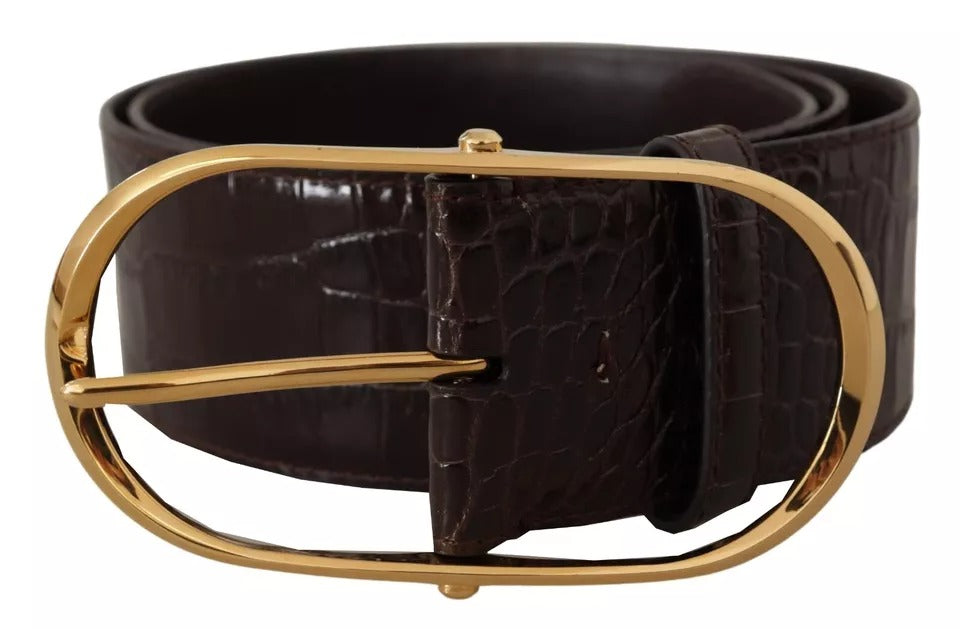 Dolce & Gabbana Brown Crocodile Pattern Leather Gold Oval Buckle Belt - KALAJ