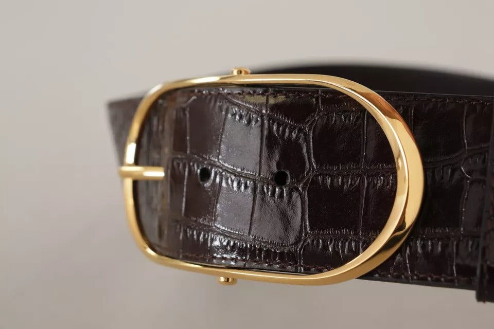 Dolce & Gabbana Brown Crocodile Pattern Leather Gold Oval Buckle Belt - KALAJ