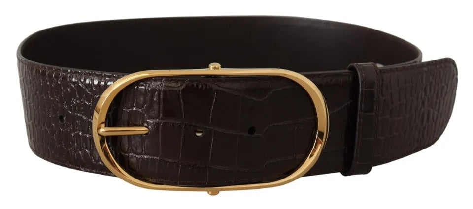 Dolce & Gabbana Brown Crocodile Pattern Leather Gold Oval Buckle Belt - KALAJ