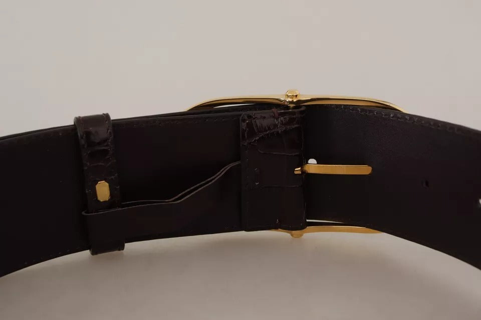 Dolce & Gabbana Brown Crocodile Pattern Leather Gold Oval Buckle Belt - KALAJ