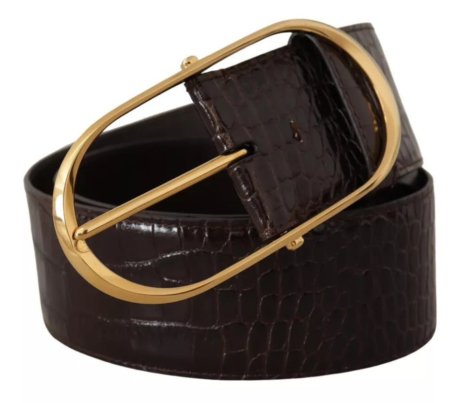 Dolce & Gabbana Brown Crocodile Pattern Leather Gold Oval Buckle Belt - KALAJ