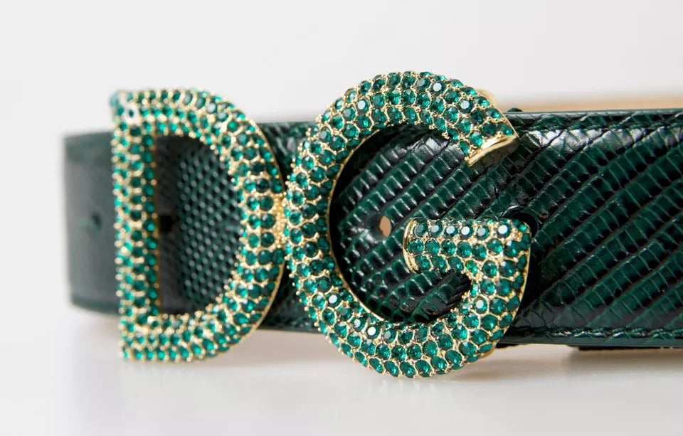 Dolce & Gabbana Green Iguana Leather DG Crystal Gold Buckle Belt - KALAJ