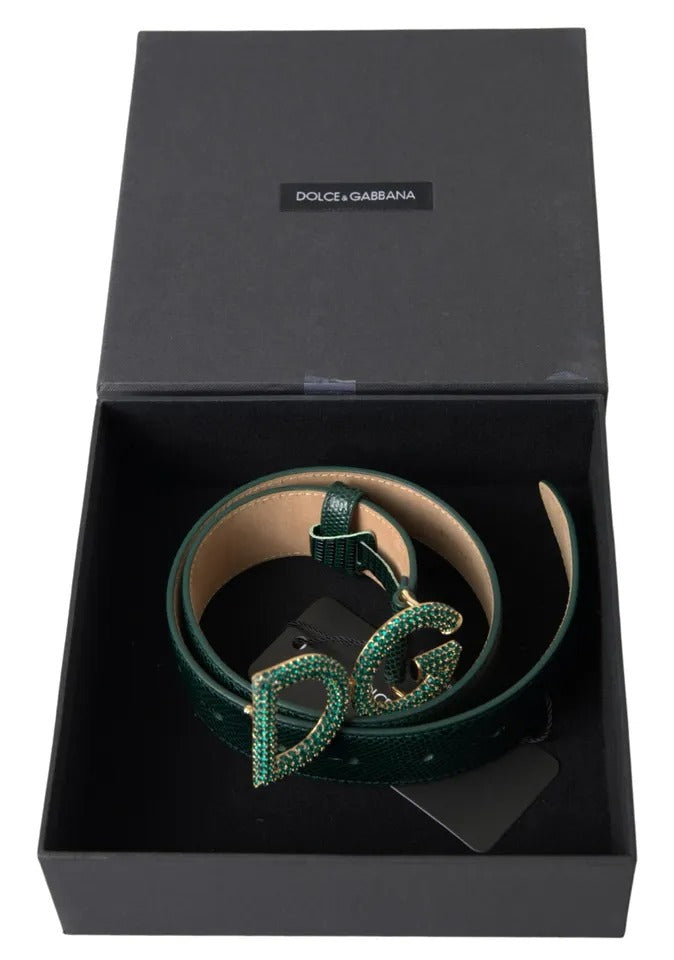 Dolce & Gabbana Green Iguana Leather DG Crystal Gold Buckle Belt - KALAJ