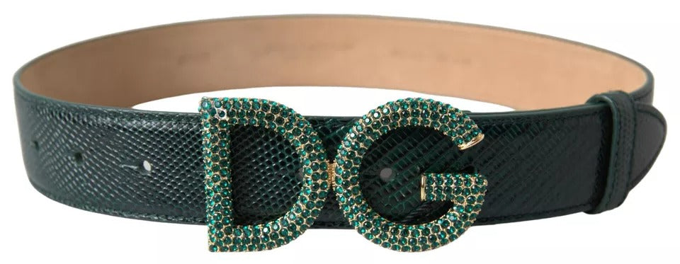 Dolce & Gabbana Green Iguana Leather DG Crystal Gold Buckle Belt - KALAJ