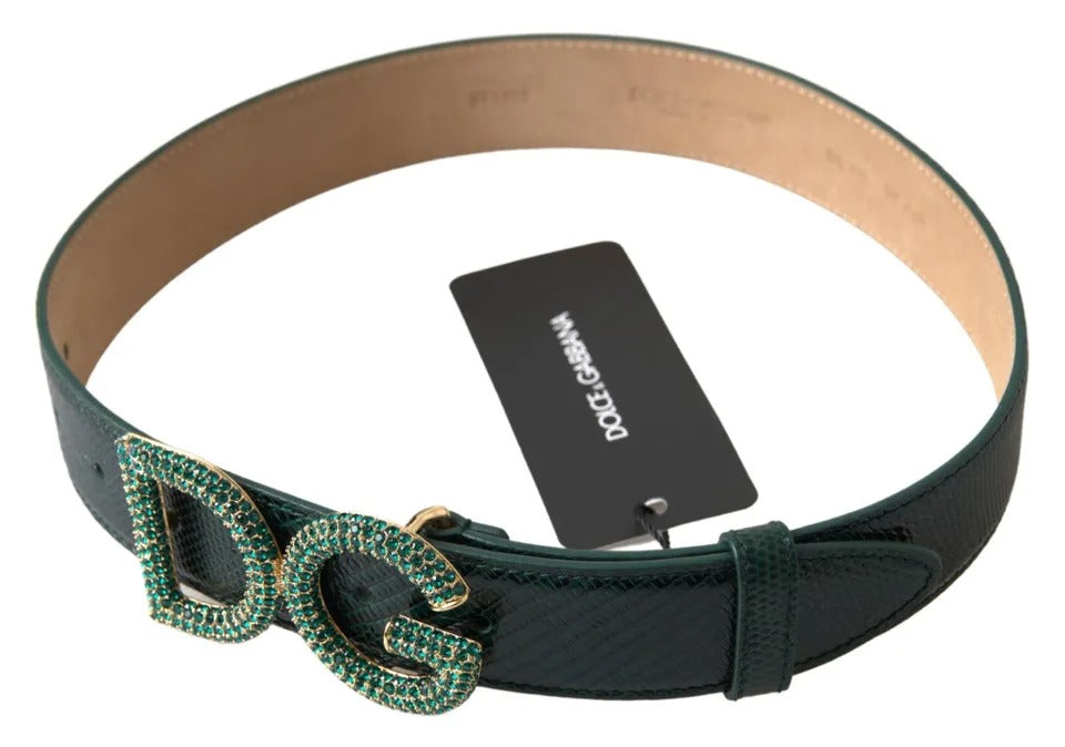 Dolce & Gabbana Green Iguana Leather DG Crystal Gold Buckle Belt - KALAJ