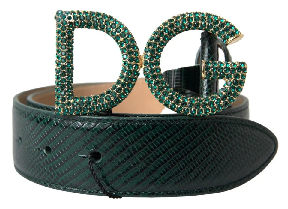 Dolce & Gabbana Green Iguana Leather DG Crystal Gold Buckle Belt - KALAJ